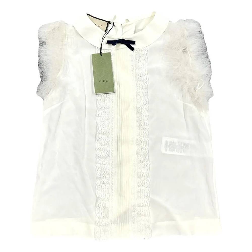 NWT Gucci silk blouse velvet bow Peter Pan collar, pleated front, feather trim